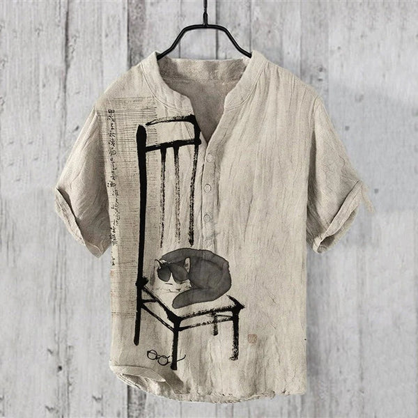 Premium Beige Japanese Zen Art Linen Blend Mandarin Collar Half Sleeve Casual Shirt for Men | Minimalist Summer Designer Shirt