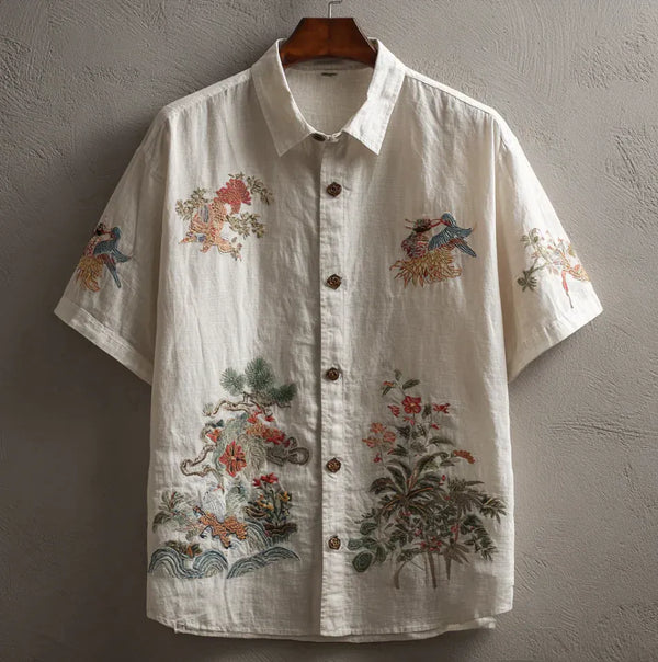 Premium White Embroidered Nature Print Linen Blend Half Sleeve Casual Shirt for Men | Summer Breathable Button Down Shirt